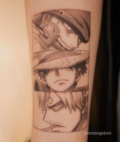 a tattoo with two images of the same character on it's arm, and one is wearing a hat