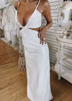 WE WANT FABULOUS - SEQUINS CUTOUT FORMAL DRESS | PRIVATE LABEL STYLES Formal Dress With Cutouts, Side Cutout Prom Dress, Prom Dress With Cutouts, White Maxi Dress For Evening Parties, White Maxi Dress For Evening Party Season, White Backless Dress For Party Season, White Maxi Dress For Party Season, White Backless Party Dress, Lined Midi Length Wedding Dress