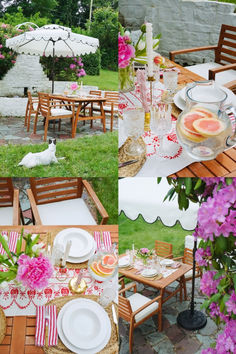 the table is set with flowers and plates on it, along with an umbrella for shade