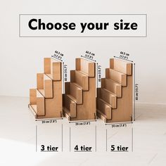 three cardboard boxes are stacked on top of each other with measurements for the size and width