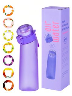 the purple water bottle is next to its box and several bracelets are around it