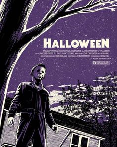 a man standing next to a tree in front of a purple sky with the words halloween on it