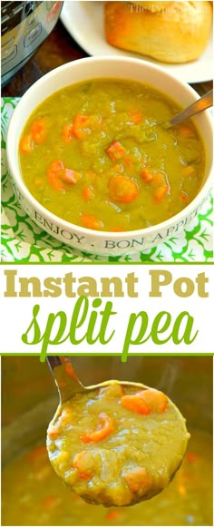 instant pot split pea soup in a white bowl with a spoon and bread on the side