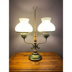 two lamps are sitting on top of a wooden table