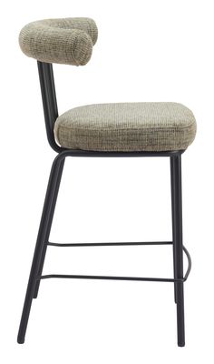 an upholstered chair with a black metal frame and fabric seat pad, on a white background