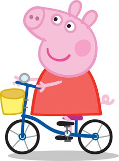 peppa pig riding a bike with a bucket on the handlebars and smiling