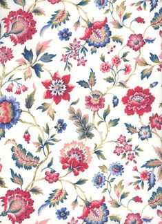 a white background with red, blue and pink flowers