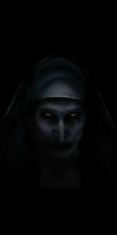 an evil nun in the dark with yellow eyes and black robes, staring at the camera