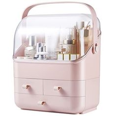 SUNFICON Pink Makeup Organizer Holder Cosmetic Storage Box with Dust Free Cover Portable Handle,Fully Open Waterproof Lid, Dust Proof Drawers,Great for Bathroom Countertop Bedroom Dresser IDEAL GIFT MAKEUP ORGANIZER: multifunctional and space saving, this dustproof makeup organizer is a wonderful gift for your friends, daughter, girlfriend, wife, mother on Christmas, New Year, Valentine's Day, Mother's Day, birthdays, and many other holidays. EXTRA LARGE CAPACITY: this makeup organizer box with cover stores your cosmetic items of different shapes and sizes while keeping them well organized. It can hold your jewelry, lipsticks, makeup brushes, all types of makeup, nail polishes and clippers, skincare and perfume bottle, and much more. EASY TO ACCESS: The crystal-clear cover to keep your cos Makeup Organization Bathroom, Makeup Tray, Makeup Display, Gift Makeup, Free Cover, Types Of Makeup, Cosmetic Display, Bathroom Countertop, Skincare Organization