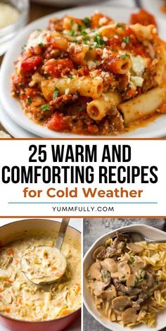 different types of cold weather meals with text overlay that reads 25 warm and comforting recipes for cold weather