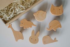 wooden toys in a box on a white surface with some grass and straw around them