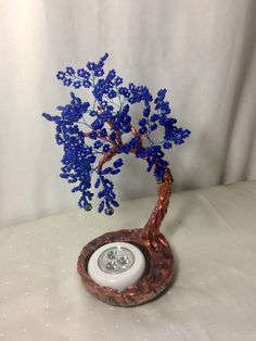 a bonsai tree with blue flowers in it