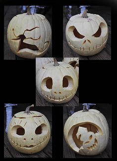 four pictures of pumpkins with faces carved into them, all in different angles and sizes