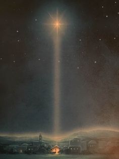 an image of the birth of jesus in the night sky with stars and buildings around it