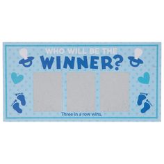 a blue and white ticket with footprints on it that says who will be the winner?