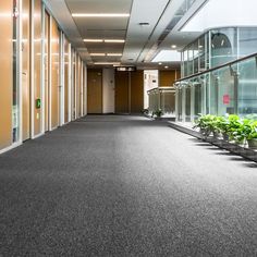 an empty office building with plants growing in the hallway and glass doors on both sides