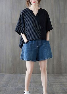 Casual Black Half Sleeve Blouse, Casual Black Blouse, Black Half Sleeve Cotton Blouse, Black Cotton Half Sleeve Blouse, Black Half Sleeve Summer Blouse, Black Half Sleeve Blouse For Summer, Black Non-stretch Cotton Blouse, Black V-neck Shirt With Relaxed Fit, Black Relaxed Fit V-neck Shirt