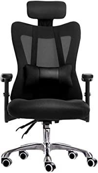 an office chair with black fabric and chrome base, viewed from the front on a white background