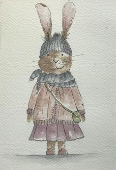 a watercolor drawing of a rabbit in a dress