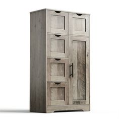 an old wooden cabinet with drawers on the front and bottom shelves, against a white background