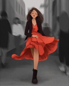 a woman in a red dress and black jacket is walking down the street with her hands on her hips