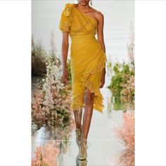 Great Condition Ulla Johnson Gwyneth One Shoulder Eyelet Yellow Dress Single Short Sleeve With Bow Detail Wrap Style Skirt Lined Eyelet Midi Dress, Ulla Johnson Dress, Chartreuse Color, Style Skirt, Ulla Johnson, Bow Detail, Yellow Dress, Mustard Yellow, Ruffle Hem