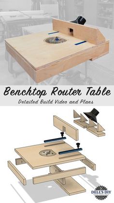 the bench top router table is made from plywood planks, and has two different