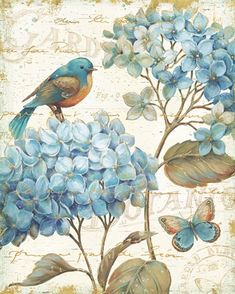 a painting of blue flowers and a bird