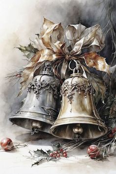 two bells with bows and holly on them