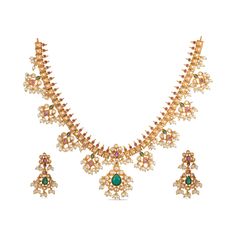 PRICES MAY VARY. MATERIAL: Premal jewelry set is made out of Brass with high quality Gold-Plating. This Floral theme piece is studded with opulent white red green cubic zirconia stones and induced pearls. FEATURE: This traditional jewelry set includes 1 pair dangle earrings and 1 short necklace, length (Necklace- 28 cm, Earrings- 4 cm) and weight (Necklace- 68 gm, Earrings- 13 gm). The necklaces comes with Fishhook closure and has adjustable length. GIFTING: This necklace set arrives in unique a Antique Necklace Set, Necklace Set Indian, Buy Jewellery Online, Indian Jewelry Sets, Antique Gold Jewelry, Traditional Earrings, Gold Jewelry Simple, Antique Necklace, Jewelry Design Necklace