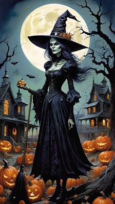 a woman dressed as a witch standing in front of a full moon with pumpkins