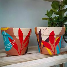 two flower pots sitting next to each other on a shelf near a potted plant