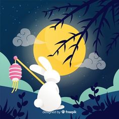 a rabbit holding a kite in front of the moon