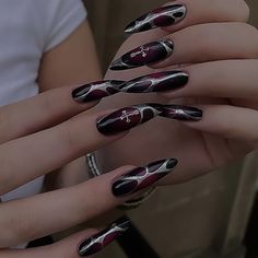 Black Nails With Chrome Hearts, Goth Airbrush Nails, Red And Black Acrylic Nails Y2k, Black And Chrome Acrylic Nails, Red Black Silver Nails Design, Dark Red Nails With Black Design, Dark Inspired Nails, Nails Design Red And Black, Black With Silver Chrome Nails