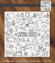 the camping doodles bundle is shown on a wooden surface