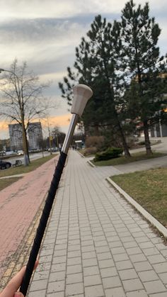 a person holding a black and white baseball bat on the side of a brick road