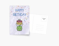 a happy birthday card with a dinosaur holding a cake