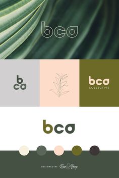 the logo for beca collective is shown in three different colors and font styles, including green