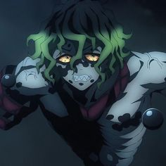 an anime character with green hair and black eyes, holding his hands up to his face