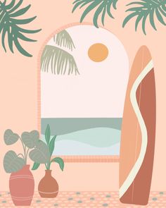 a surfboard, potted plants and a mirror on a pink background with palm trees