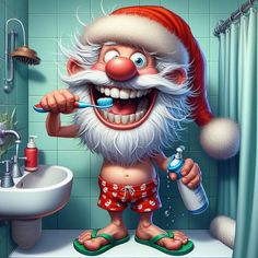 a cartoon santa claus brushing his teeth in the bathroom