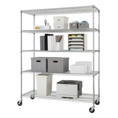 four tier shelving unit with bins and boxes