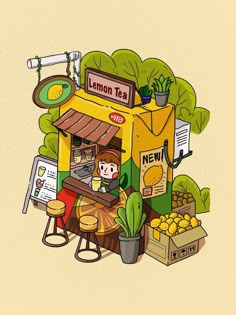 an illustration of a lemon tea stand with people sitting at it and boxes of lemons on the ground