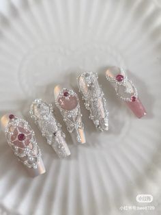 Nail Ideas Chinese, Douyin Nails Charms, Royalty Nail Designs, Chinese Wedding Nails, Chinese Nails Douyin, Pink Douyin Nails, Chinese Style Nails, Royalty Nails