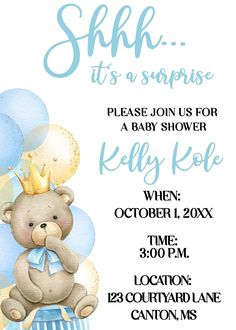 a baby shower with a teddy bear and balloons