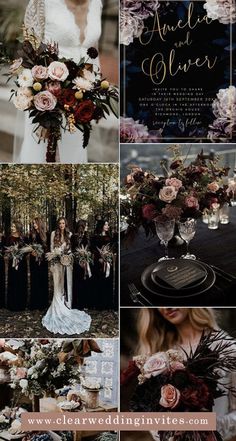 a collage of photos with flowers and greenery in the center, including roses