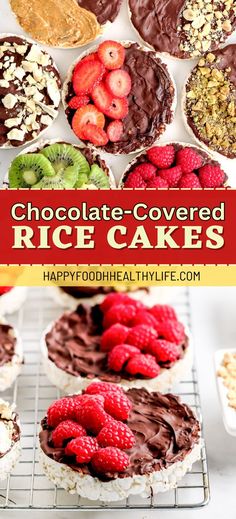 chocolate covered rice cakes with raspberries on top and other desserts in the background