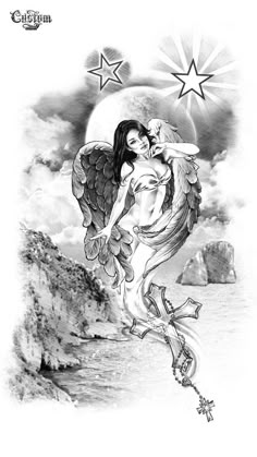 a drawing of a woman with wings and stars on her back, in front of the moon