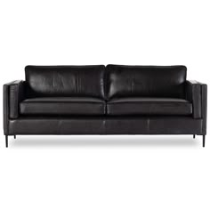 a black leather couch with metal legs and arm rests on an isolated white background,