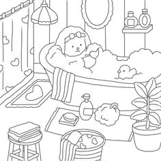 a black and white drawing of a bathtub filled with soap, shampoos and other items